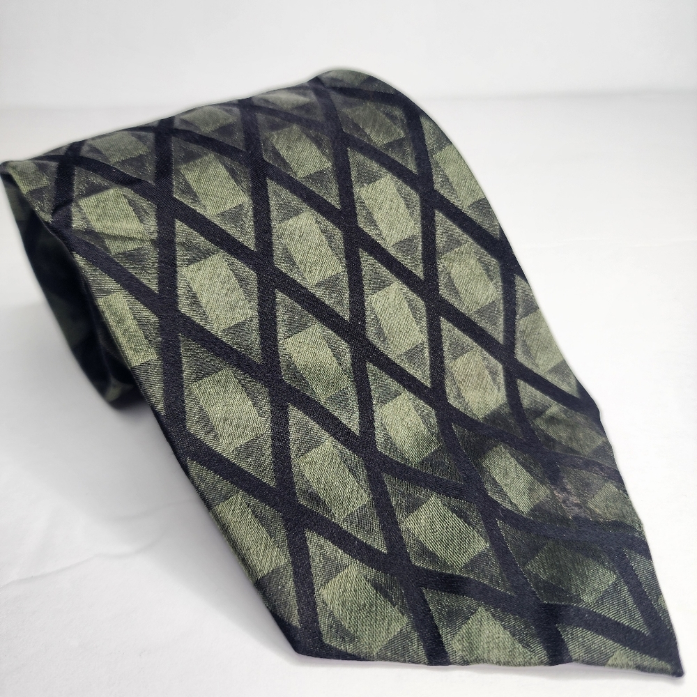 POLIFRONI MILANO Geometric Green and Black Men's Silk Tie.